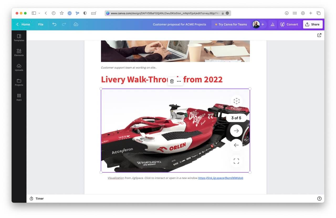 A 3D presentation from JigSpace displaying inside a Canva document using iframe embed