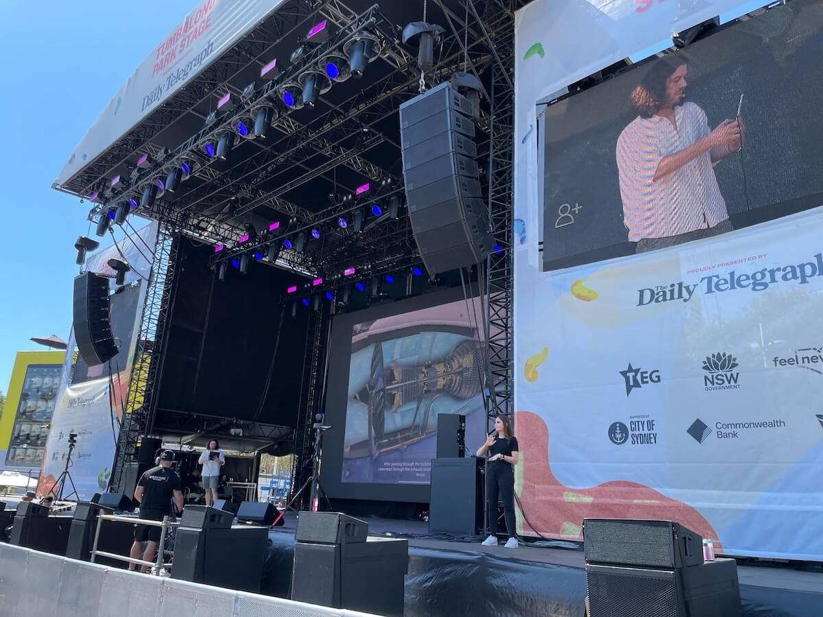 JigSpace CEO Zac Duff demonstrates augmented reality live on the SXSW Sydney Tumbalong Stage