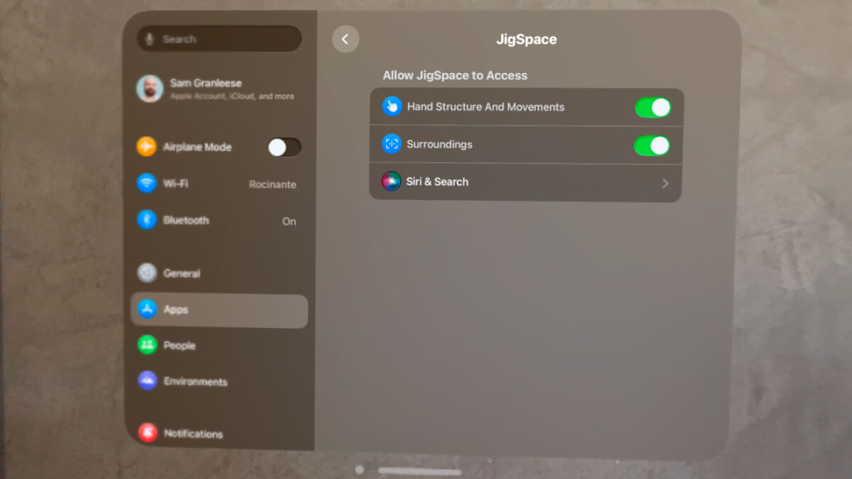 visionOS app settings with the correct permissions enabled for surroundings and hand tracking