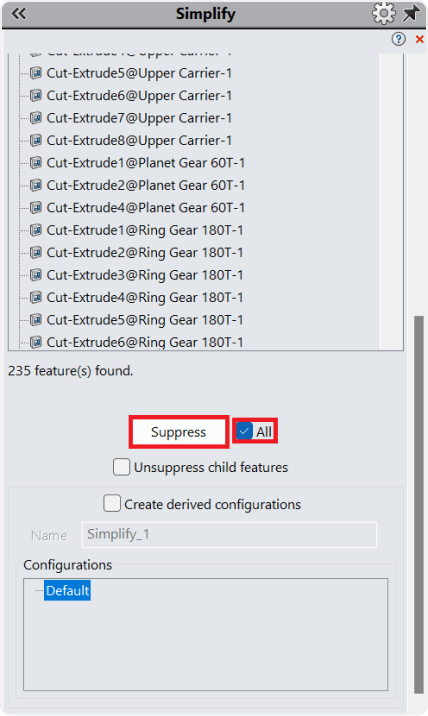 Suppressing features in SolidWorks simplify tool 